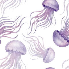 Watercolor seamless pattern with purple jellyfish on white background. Hand-painted sea animals. Perfect for fabric, kids apparel, packaging, summer and marine themed design