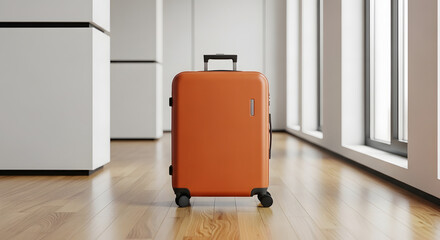 Modern orange suitcase on a polished wooden floor, travel and minimalist design, ready to go concept