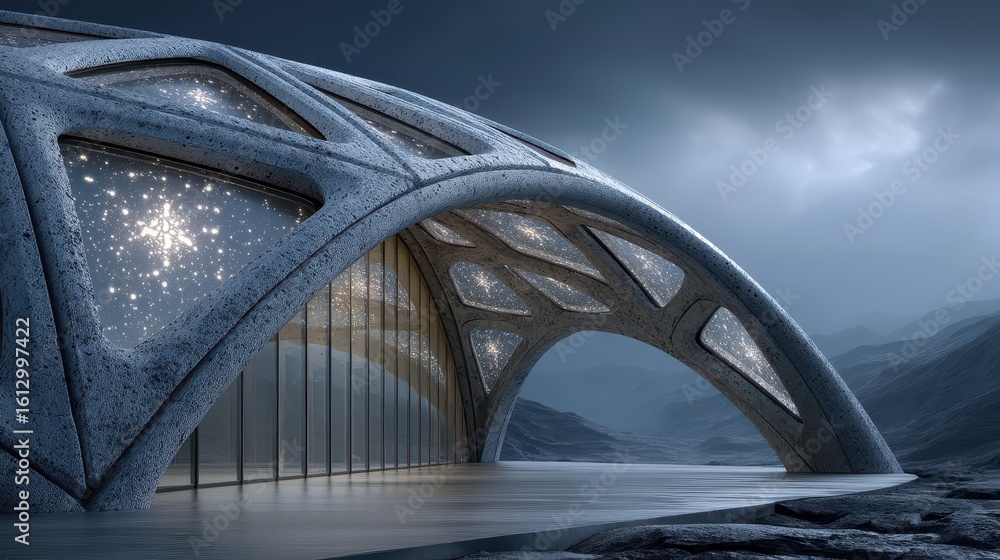Aufkleber futuristic architecture showcases a 3d-printed graphene-reinforced structure under a stormy sky in a