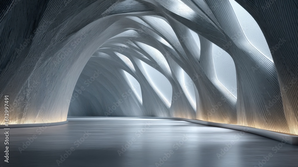 Poster futuristic architecture featuring a graphene-reinforced 3d-printed structure with abstract shapes an