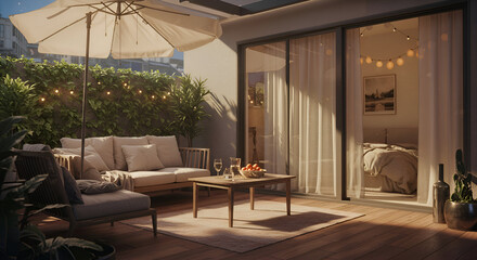 A serene outdoor patio area with light beige furniture, connected to a bedroom, offers a harmonious blend of indoor and outdoor living for lifestyle or design advertising.