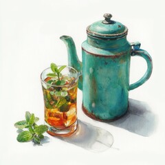 Watercolor illustration of mint tea and a teal teapot