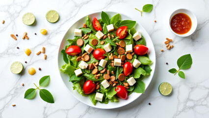 Fresh green salad with tomatoes radish and cheese on ceramic plate for nutritious lunch option