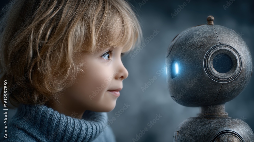 Poster child interacts with home ai assistant while parent observes with growing concern regarding trust an