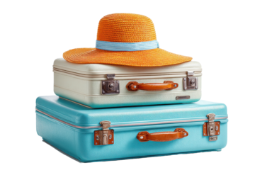 Vintage suitcases stacked with a summer hat travel vacation getaway, isolated on a transparent background