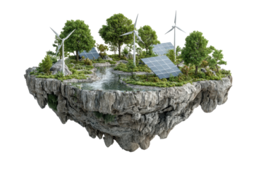 Floating island with wind turbines solar panels and trees sustainable energy concept, isolated on a transparent background