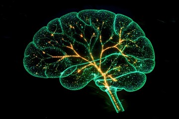 High-Tech Neural Web Brain Illustration with Futuristic Digital Glow, Digital Brain with Green and gold Light Data Connections on Dark Sci-Fi Background,
