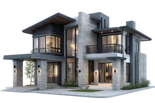 Modern Luxury Home Design Stone and Wood Exterior Night Lighting, isolated on a transparent background