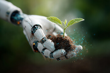 AI Robot Hand Holding Holographic Sapling – Futuristic Smart Agriculture Tech with Data Overlays