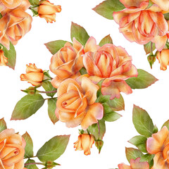 Repeating pattern featuring orange rose bouquets and green leaves. Watercolor botanical illustration on white background. Perfect for birthday cards, wedding decor, fabric, and invitations.