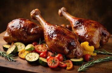 Close-up of freshly cooked chicken breast on bed of colorful vegetables. Golden brown chicken rests on vibrant vegetables. Chicken breast garnished with red bell peppers, green zucchini, yellow