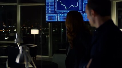 Business colleagues analyze financial data on screen at night office, discussing market trends and stock charts with concern for investment report and strategy planning - Powered by Adobe