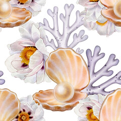 Seamless pattern with open pearl shell, violet coral branches, and white peony flowers. Watercolor marine-style drawing on white background. Ideal for textiles, beach decor, and packaging design.