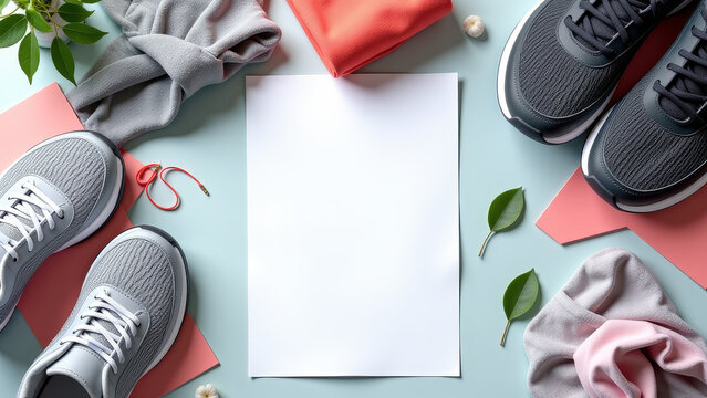 Top view of fitness gear and blank notebook for tracking weight loss progress and workouts