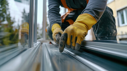 Team of craftsmen installing metal frame modern windows or doors with precision, close-up of hands working.