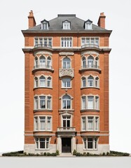 Obraz premium Two-story brick building with harmonious blend of warm earthy tones. Ground floor porch bench small garden. Second floor houses windows overlooking city. White windows punctuate walls gray roof adds