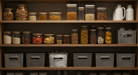 Organized pantry shelves filled with various dry goods in clear glass jars, containers, and metal storage bins. Assortment of grains, nuts, pasta, and snacks neatly arranged.