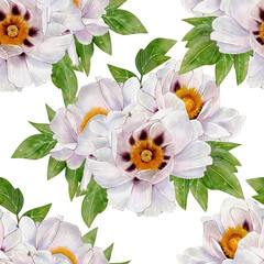 White peony flowers with green leaves. Hand-drawn illustration. Watercolor seamless pattern on white background. Suitable for textile, wallpaper, packaging, wedding decor, greeting cards and more.
