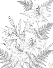 Detailed monochrome botanical illustration of lilies and ferns (1)