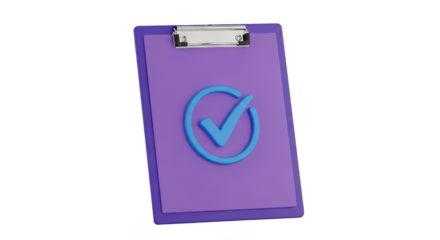 A purple clipboard with a blue checkmark inside a circle symbol indicating success or completion isolated on transparent background