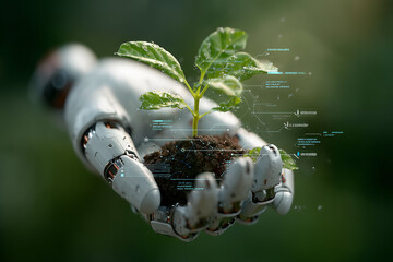 AI Robot Hand Holding Holographic Sapling – Futuristic Smart Agriculture Tech with Data Overlays