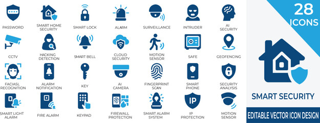 Modern vector icons featuring smart security devices and AI-based home protection. Ideal for apps  and tech-related presentations.