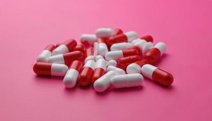 Collection of red, white pills on pink surface. Pills vary in shape, size, creating dynamic visual effect. Pink background contrasts with red, white pills, vibrant, visually appealing composition.