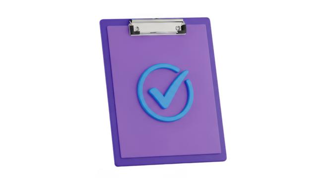 A purple clipboard with a blue checkmark inside a circle symbol indicating success or completion isolated on transparent background