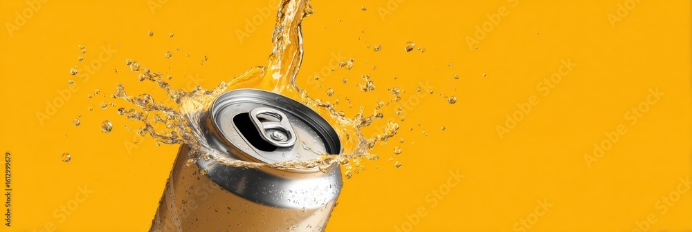 Poster minimalist 3d render of a beer can bursting open with a splash against a vibrant yellow background