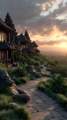 Traditional Balinese Villas on Cliffside at Sunset with Lush Garden and Stone Pathway