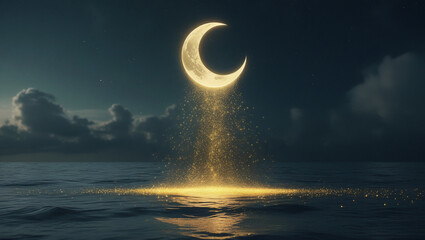 Glowing crescent moon casting golden stardust trail onto calm ocean. Perfect for fantasy book covers, dreamy wallpapers, and celestial themes.