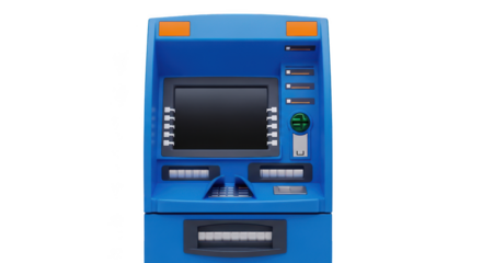 Modern blue automated teller machine with illuminated screen and keypad for financial transactions isolated on transparent background