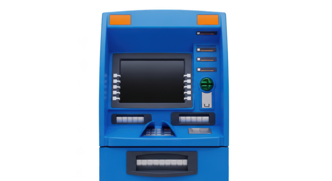 Modern blue automated teller machine with illuminated screen and keypad for financial transactions isolated on transparent background
