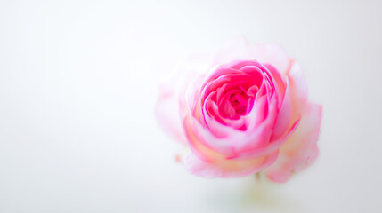 Fototapeta premium Pink rose in full bloom against a white background, delicate petals, soft gradient hues.