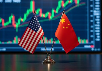 Us and china flags stand before a stock market graph