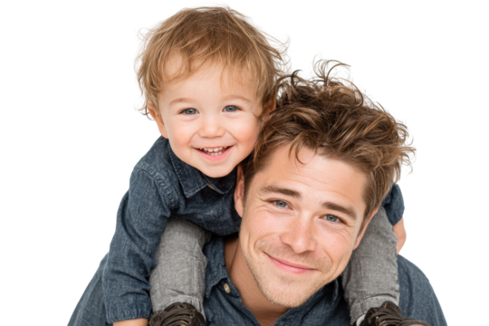 Happy father and son bonding playful joyful family portrait, isolated on a transparent background