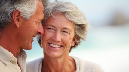 A smiling elderly couple standing on a beach, with the ocean in the background.