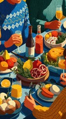 Friends gather around a vibrant table filled with food and drinks during a festive celebration in a warm setting