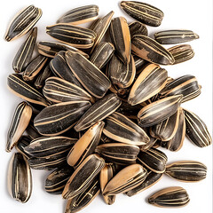 Heap of Striped Sunflower Seeds on a White Background