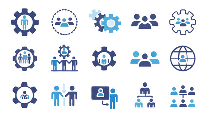 Collection of business management and organizational structure icons in blue and light blue shades