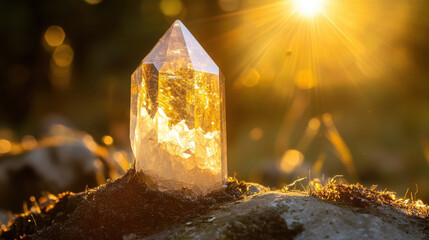Sunlight charging crystal. beautiful crystal abstract background, blur crystal background.
