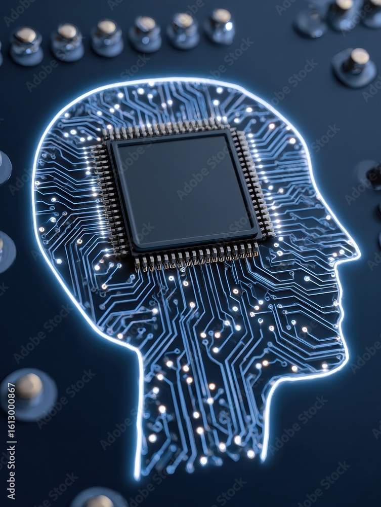 Poster microchip embedded in brain silhouette illustrating the fusion of technology and human cognition in 