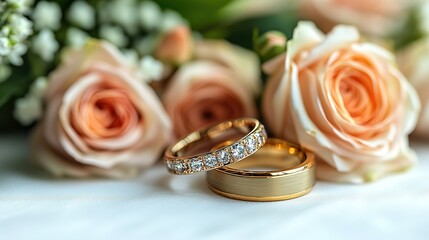 Minimalist Wedding Vector Background with Golden Rings and Pink Rose on White Table, Banner with Copy Space, Isolated on Pastel.