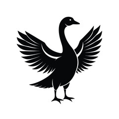 Elegant black silhouette of a goose with its wings fully extended against a clean white background