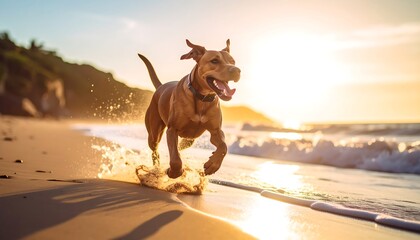 Happy dog running on beach at sunset with splashing water, joyful pet, golden hour, and ocean view.