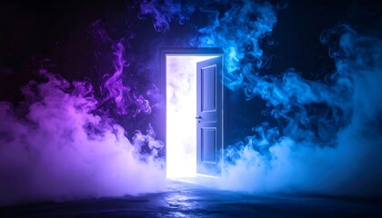 Glowing doorway in a smoky, dark room