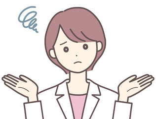 両手を広げて困った表情の白衣の女性