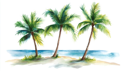 Obraz premium Watercolor painting of three palm trees on a tropical beach ocean scene