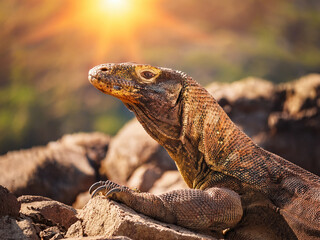 Fototapeta premium Komodo dragon captured in natural light on rocky forest floor Komodo dragon relaxing on rocks in tropical jungle setting