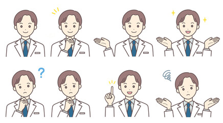 白衣の若い男性　ポーズセット（肌の色あり）
